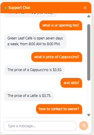MielikkiX AI chat widget answering a customer's question about opening hours and pricing